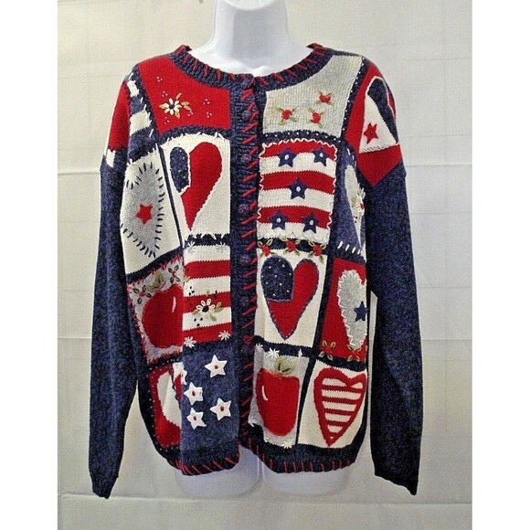 Heirloom Collectibles Cardigan Sweater Vintage Stars Stripes Hearts Patriotic M - Picture 2 of 7